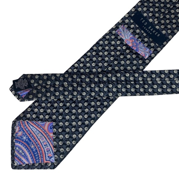 TED BAKER Necktie Mens Silk Navy Silver Dot Floral Classic Designer 60x3.5 USA - Picture 3 of 6